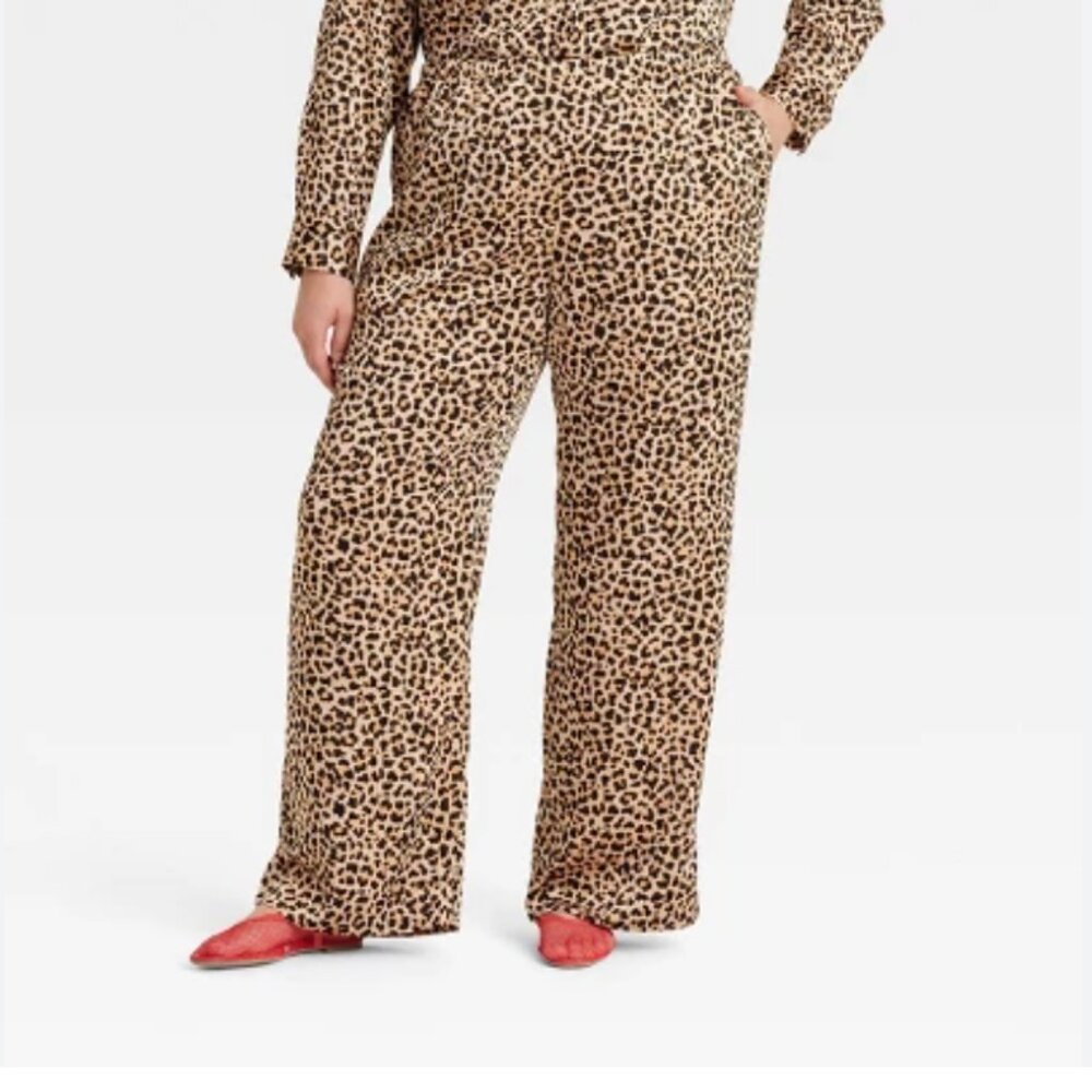 Women's Mid-Rise Straight Leg Satin Pull-On Pants - A New Day™ Leopard Print